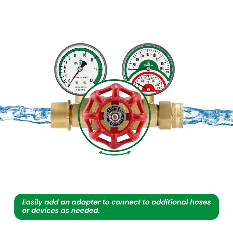 Watflow Water Flow Gauge, Temperature and Pressure Test Assembly, 0-160psi,0-13