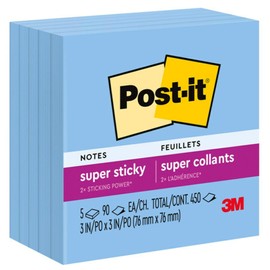 Post-it® Super Sticky Notes Total 450 Notes Pack of 5 Pads 3" x 3" Sapphire Blue 90 Notes per Pad
