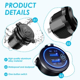 QC3.0 USB Steckdose für Auto Dual USB mit Touch-Schalter [12/24V 36W] 2 Ports Quick Charge Ladegerät Wasserdicht LED Anzeige, Zigarettenanzünder-Steckdose, geeignet für Auto Boot Motorrad