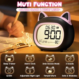 Kids Alarm Clock with Night Light for Kids, Small Digital Alarm Clocks for Bedrooms, Routine Builder, Cute Cat Alarm Clock with Sleep Training, Snooze, 12/24H, Date & Day, Temperature, USB Port