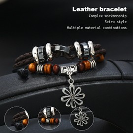 QDHUAN Braided Leather Bracelet Set for Men Women Shield Wood Bead Charm Wristband Bolo Bracelet Ethnic Tribal Rope Wristbands Bracelets Set Adjustable