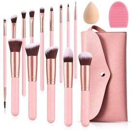 Salandens 16 Piezas Brochas de Maquillaje con Estuche, Kit de Brochas Sintéticas Prémium para Sombras de Ojos, Aplicador de Rubor y Maquillaje en Polvo, Rosa