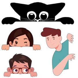 4-Piece Set Peekaboo Characters Wall Decal Sticker Set, Cartoon Cat and People Design, Decorative Vinyl Art,Die-Cut,SUV, Van, Window, Bumper, Wall, Laptop, Tablet, Cup,Tumbler Or Any Smooth Surface