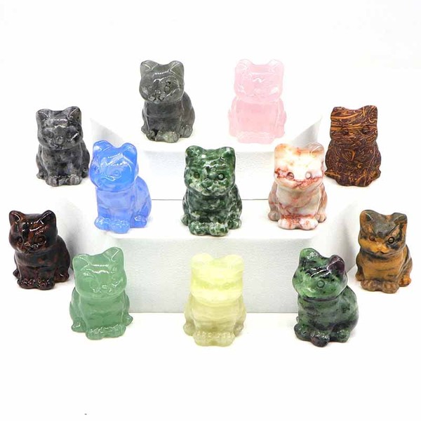 HXSCOO 30mm Cute Natural Stone and Crystal Cat Figurines, Hand Carved Healing Animal Statue, Reiki Gemstone Crafts, Home Decoration (Color : Lotus Jasper, Size : 1pcs)