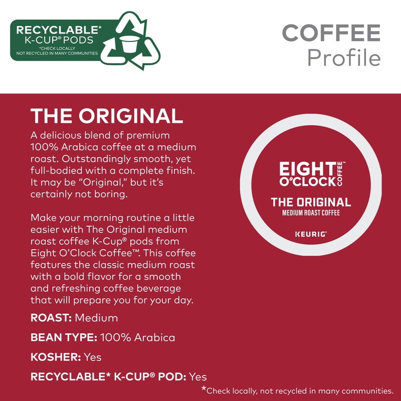 Eight O'Clock Coffee The Original, Single-Serve Keurig K-Cup Pods, Medium