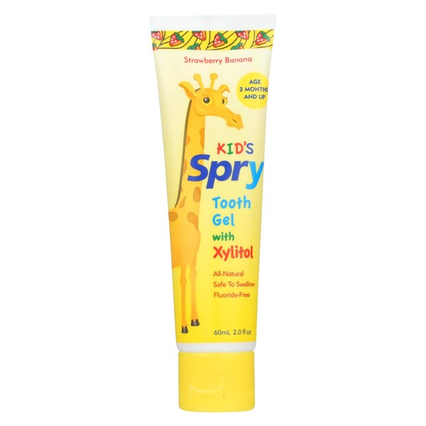 Spry All Natural Kids Fluoride Free Toothpaste Tooth Gel with Xylitol, Age 3 Months and Up Kids Toothpaste, Strawberry Banana 2 Fl Oz (Pack of 1)