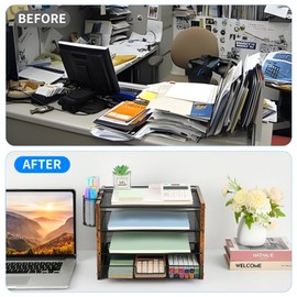 OPNCIE Desk Organizer and Accessories, 4-Tier Paper Letter Tray File Organizer with Drawer & 2 Pen Holder, Office Desk Accessories Workspace Desktop Organizer for Office Supplies(Brown)