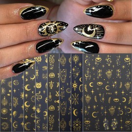 Vezocim Gold Nail Art Stickers Decals, Sun Moon Stars Constellation Nail Self-Adhesive Sticker Designs, 3D Glitter Gold Nail Transfer Decals Acrylic Supplies for Women Girls Manicure Tips Decorations