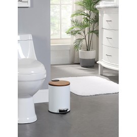 SunnyPoint 3L Mini Trash Can with Wooden Lid, Step Pedal & Slow-Close, Small Garbage Bin for Bathroom, Office, Kitchen, RV – with Removable Inner Bucket (WHT)