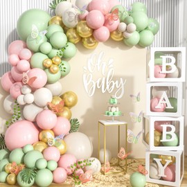 Mishopy 168 Baby in Bloom Baby Shower Decorations for Girl, Pastel Pink Sage Green Balloons Garland Arch Kit Baby Boxes with Letters Butterly Stickers Baby Shower Decorations Decor