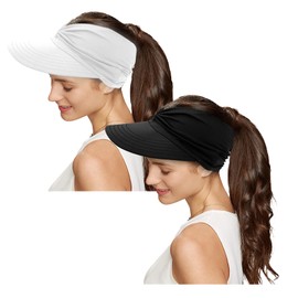 Sun Visor Hat for Women Ponytail Sports UV Protection Cap Wide Brim Empty Top Visor Hats for Outdoor Beach, 2pcs-black+white, One Size