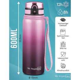 My Vesperbox - Stainless Steel Thermos Drinking Bottle Leak-Proof - with Straw or Strainer - 400 ml, 600 ml - BPA Free - for Nursery, School (Pink Gradient 600 ml)