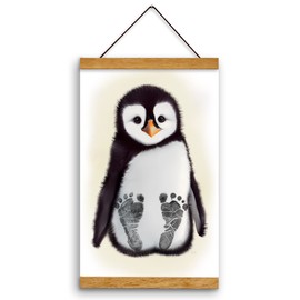 Memory Lane Gifts Co. Baby Footprint Art, Baby Shower Gift, Original Artwork, Nursery Art Keepsake, Baby Penguin (Yellow, Teak)