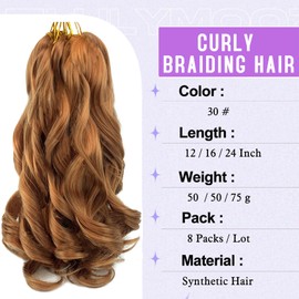 8Packs French Curl Braiding Hair 12 Inch Bouncy Curly Braiding Hair Pre Stretched FrenchCurls for Crochet Braids Loose Wavy Curly BraidingHair Extensions for Women(8Packs,30#)