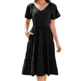 LEADINK Womens Spring Summer Dress 2025 Short Sleeve V Neck Midi Dresses, Breathable Cotton Tiered Design Fashion Casual Boho Beach Vacation Sundress Black
