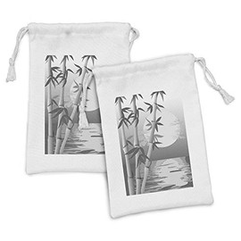 Lunarable Asian Themed Fabric Pouch Set of 2, Greyscale Scenery of Vintage Look River in Full Moon at Night Twilight Horizon, Small Drawstring Bag for Toiletries Masks and Favors, 9" x 6", Grey