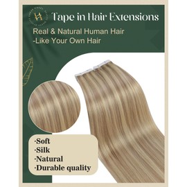 Ugeat Tape in Hair Extensions Human Hair for Women Dark Ash Blonde Highlights Golden Blonde Tape in Remy Human Hair Extensions 18inch 20Pcs 50G