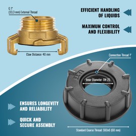 Poppstar IBC Adapter 1 inch for IBC Tank (S60 x 6) Connector with Hose Connection Quick Coupling and Seal