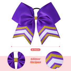 DEEKA 8PCS Large Glitter Cheer Bows Shiny 7" Cheer Hair Bows Ponytail Holder Handmade for Cheerleader Girls Softball Sports -Purple/g Gold