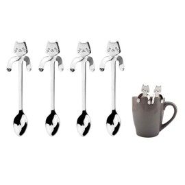 4 Piece Cat Coffee Spoon Set, Stainless Steel Kitten Hanging Design Tea Spoon, Dessert Spoon for Water, Tea, Milk, Coffee, Dessert, Drinks, Mixing Milkshake, Hanging Cup, Spoon, Kitchen Gadget