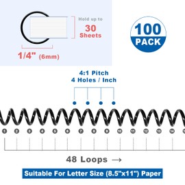 HOUYEE 100 Pack Plastic Spiral Binding Coils,6mm(1/4 Inch),30 Sheet Capacity,4:1 Pitch (Black)