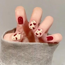 Valentine's Day Press on Nails Short Square Fake Nails Red False Nails with Red Heart Spot Designs Heart Glue on Nails Yellow Stick on Nails Cute Acrylic Nails Full Cover Glossy Artificial Nails
