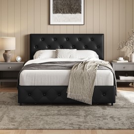 Yaheetech Full Bed Frame Upholstered Bed Frame with Adjustable Diamond Button-Tufted Headboard/3 Drawers Storage, Queen Platform Bed/Strong Wooden Slats, Black Full Bed