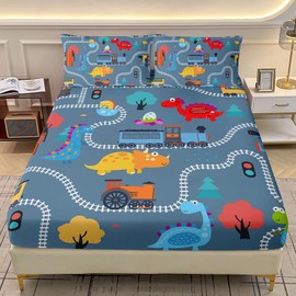 AILONEN Cartoon Train Fitted Sheet Set Twin Size, Railroad Train Printed Bedding Set for Kids,Cute Dinosaur Bed Sheet Set for All Season,3-Pieces,1 Sheet Set with 2 Pillowcases,Soft,Breathable
