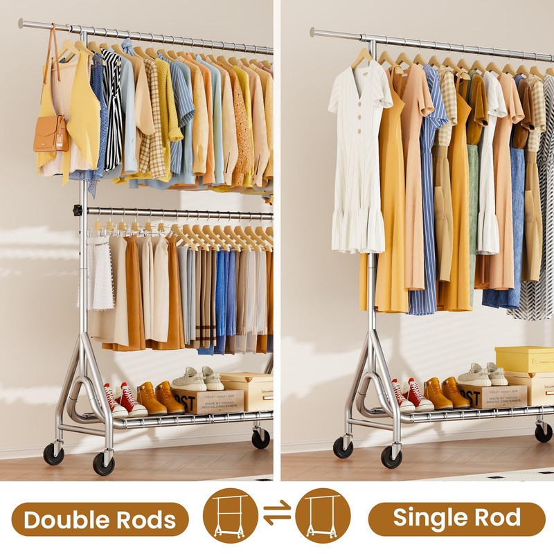 JIEJIERUI Heavy Duty Clothes Rack for Hanging Clothes, Double Rods