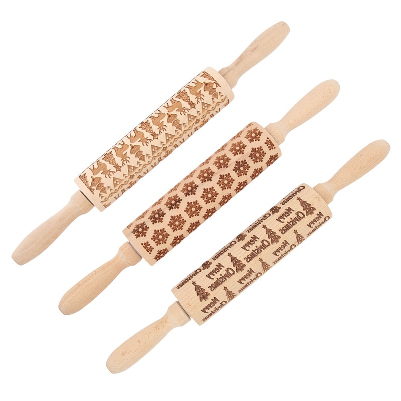 3Pcs Wooden Embossed Rolling Pin Cute Christmas Pattern Engraved Embossing