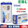 EBL 2Pcs EBL 9V 600mAh 6F22 Li-ion Rechargeable Batteries 9Volt