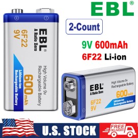 EBL 2Pcs EBL 9V 600mAh 6F22 Li-ion Rechargeable Batteries 9Volt Battery