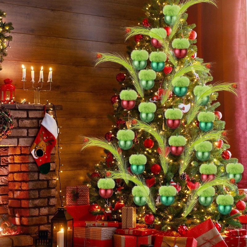 Bucherry 32 Pcs Christmas Lime Green Glitter Ornaments with Fuzzy