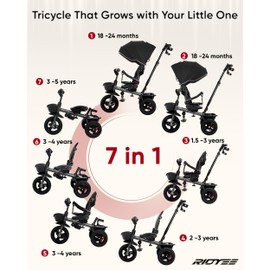 RIDYEE 7-in-1 Tricycle for 18 Months to 5 Years, All-Terrain Rubber Tires, Dual Wheel Brakes, Rotatable Seat for Toddlers 1.5-3, Tricycle for 3-5 Years with DIY Stickers, Grey