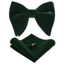 Alizeal Mens Pre-Tied Velvet Oversized Bow Tie, Hanky and Cufflinks Set Classic Formal Solid Color Bowtie Set, Dark Green