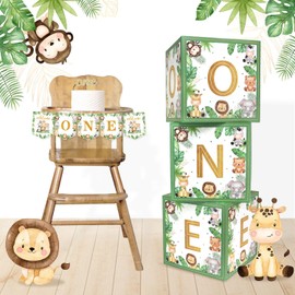 Heboland Wild One Birthday Decorations Boxes with Letters and ONE Banner Sets Jungle Safari Animal Theme Blocks for Kids Boys First 1st Birthday Party Supplies