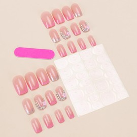 Generic 24Pcs Pink French Tip Press On Nails Medium Square ABS Material False Nails with Rhinestone Designs 3D Flower Glossy Glue on Nails for Women Girls