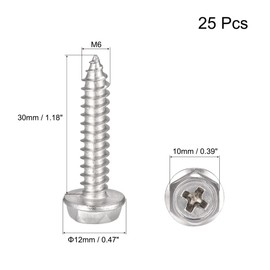 sourcing map Phillips Hex Washer Self Tapping Screws, M6 x 30mm 304 Stainless Steel Hex Flange Sheet Metal Screw 25pcs
