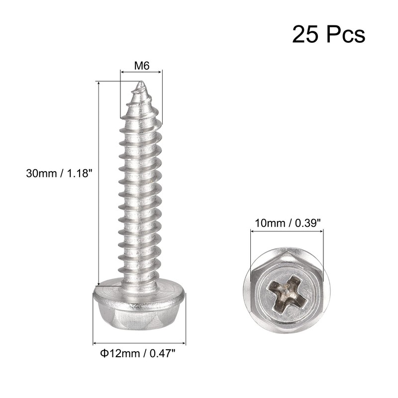 sourcing map Phillips Hex Washer Self Tapping Screws, M6 x