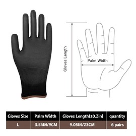 Safety Work Gloves PU Coated-6 Pairs, Breathable Safety Working Gloves with Grip for Gardening, Cleaning, Mechanics, General Purpose(Black, L)