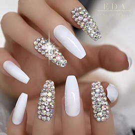 EDA LUXURY BEAUTY PURE WHITE 3D LUXE JEWEL DESIGN Press On Nails Full Cover Acrylic Nail Kit Artificial Nail Tips False Nails Extra Long Ballerina Coffin Square Nail Art Fashion Fake Nails
