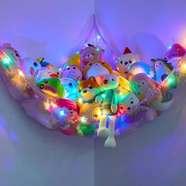 MHJY Toy Hammock Stuffed Animals Toy Storage Net with LED Light Large Corner Hanging Soft Cuddly Plush Mesh Organizer with Remote Control 8 Kinds of Llight Mode for Kids Nursery Bedroom