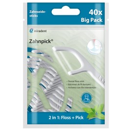 miradent Zahnpick 2-in-1® Big Pack - 40 Pieces | with Mint Flavour | for Removing Coarse Food Remnants (Handle: Toothpick) | for Removing Plaque and Fine Food Remnants (Floss)
