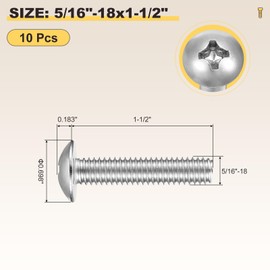 METALLIXITY Machine Screws Phillips Head(5/16"-18x1-1/2) 10Pcs, 304 Stainless Steel Round Head Phillips Drive Furniture Bolts - for Woodworking & Furniture Assembly, Silver