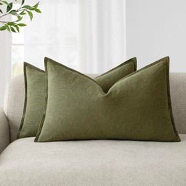 Foindtower Pack of 2, Decorative Linen Soild Throw Pillow Covers Soft Accent Lumbar Cushion Case Boho Farmhouse Pillowcase for Chair Couch Sofa Bedroom Living Room Home Decor 12 x 20 Inch Olive Green