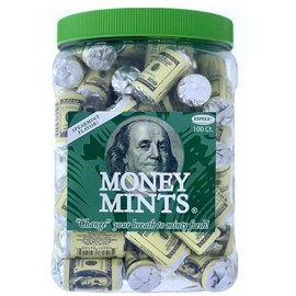 Espeez Money Mints, Spearmint Dollar Bill Design, Individually Wrapped 100 Count Jar – Individually Wrapped Spearmint Rolls (7 mints/Each) – 100‑Roll Tub Novelty Money‑Print Packaging – Party Favors, Trade Show Giveaways