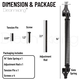 14" Gate Spring Self Closing Heavy Duty Outdoor Door Spring Automatic Fence Gate Closure Hardware Spring Loaded Gate Latch with Adjustable Tool for Wooden and Vinyl Fence, Black (1 Pack)