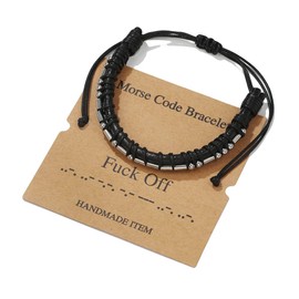 LUTAKU Morse Code Bracelets Gifts for Men, Gunmetal Beads on Leather Bracelets for Men Inspirational Gifts for Mens Jewelry Unique Fathers Day Birthday Gifts for Boyfriend Dad Best Friend (Fuc Off)