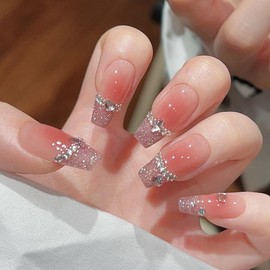 Pure Handmade Nails Press on Nail Reusable Fake Nails Red Bling Bling Rhinestones French Nude Medium Stick on Nails French Tip False Nails 10pcs (M, Q287)