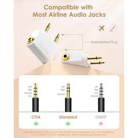 SQERO Airplane Headphone Jack Adapter, Dual 3.5mm Male to 3.5mm Female Jack AUX Adapter for Bluetooth Wireless Transmitter Receiver, Flight/Travel/TV/Gym, Gold Plated (3, White)